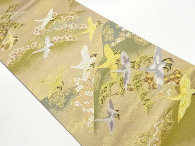 JAPANESE KIMONO / FUKURO OBI / SILK / WOVEN CRANES & MOUNTAINS & SAKURA & PINE